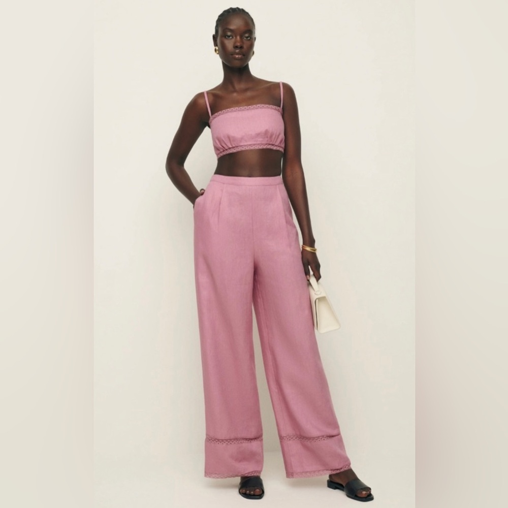 Reformation NWT linen wide leg lace trim pants, 0